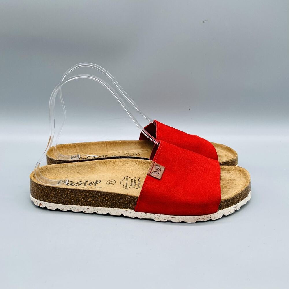 BioStep Sandals Womens 7.5 Red Suede Slide Cork Footbed Comfort Casual Shoes